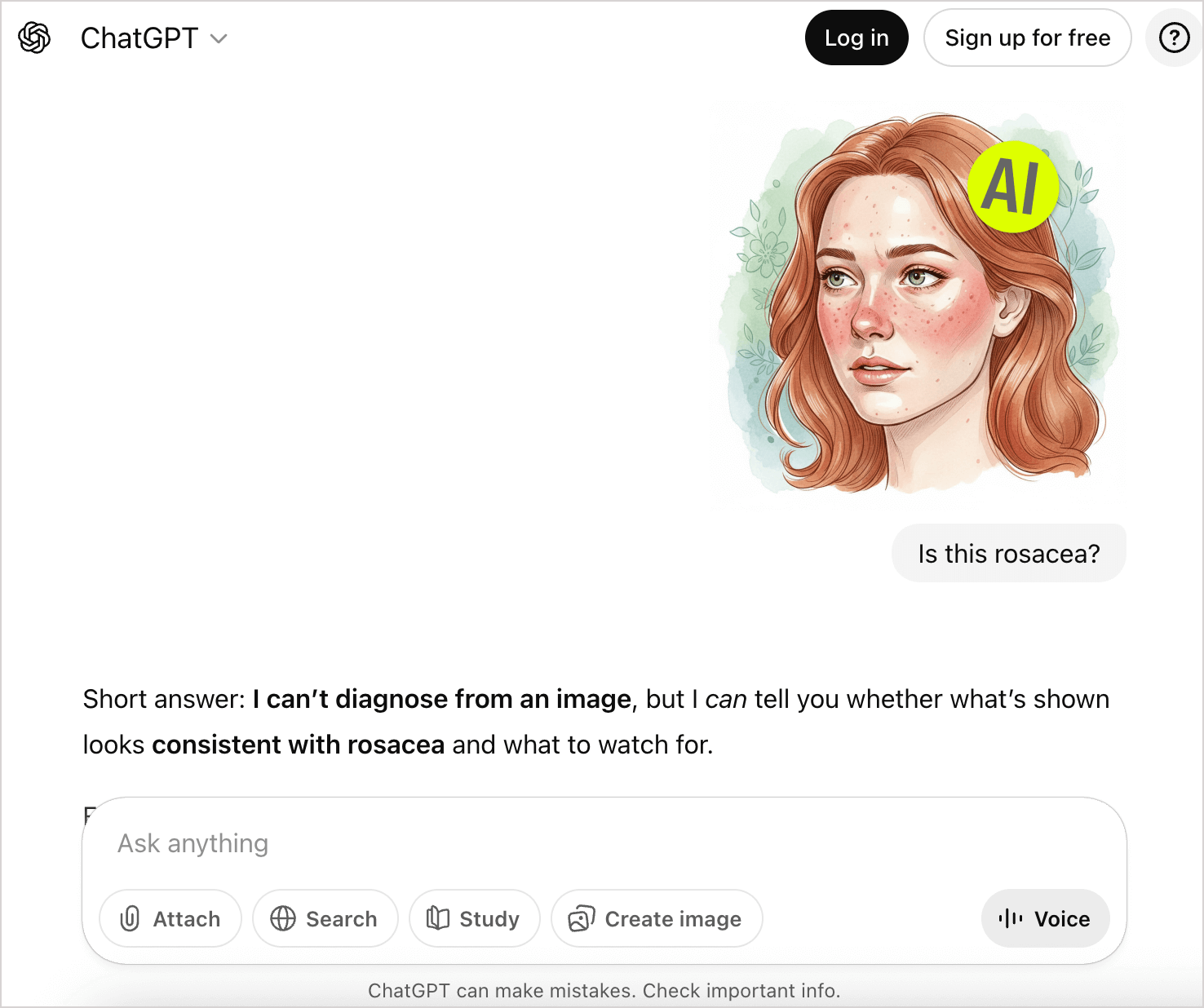 screenshot of a ChatGPT conversation about rosacea